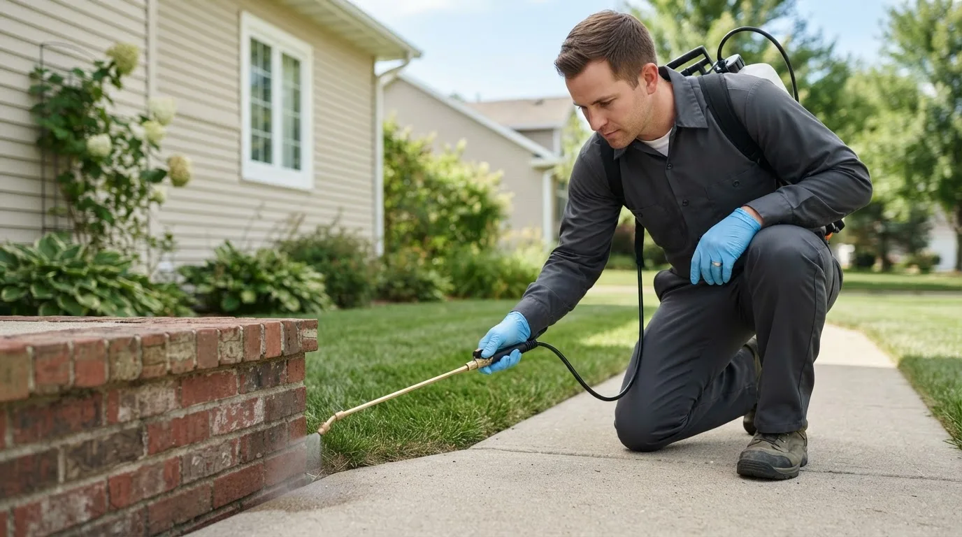 Pest control technician treating a home near Unionville, IA